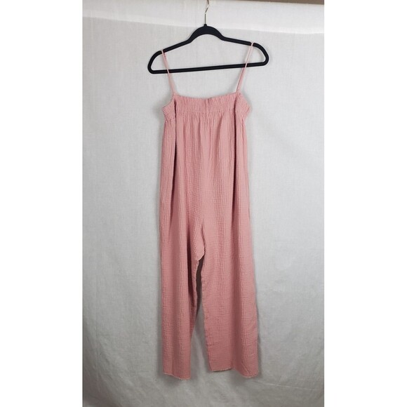 Zara Jumpsuit Womens Medium Pink Gauze Cotton Adjustable Strap Wide Leg Casual - Picture 1 of 11